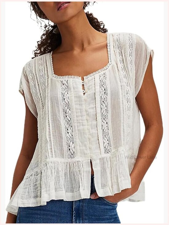 Tops - Semi Sheer Lace Trim Button Down Blouse Y2k Streetwear Top